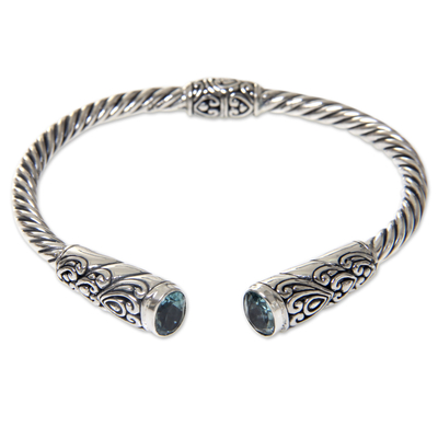 Blue Topaz on Sterling Silver Hinged Cuff Bracelet from Bali