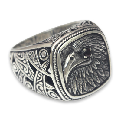 Eagle Theme Handcrafted Sterling Silver and Garnet Ring