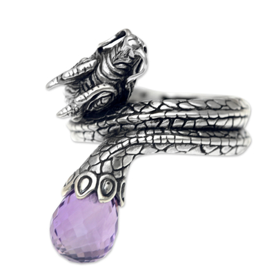 Original Artisan Crafted Silver Dragon Ring with Amethyst