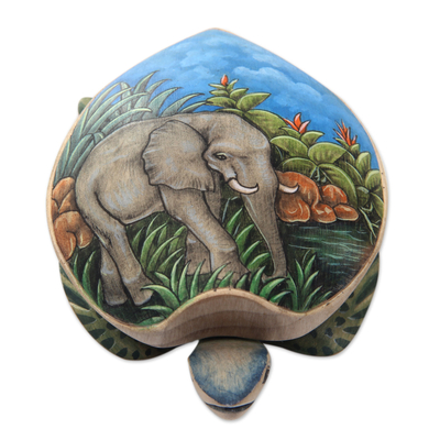 Hand Carved and Painted Turtle Box with Elephant Motif