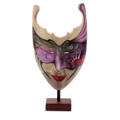 Hand Painted Modern Balinese Mask and Stand