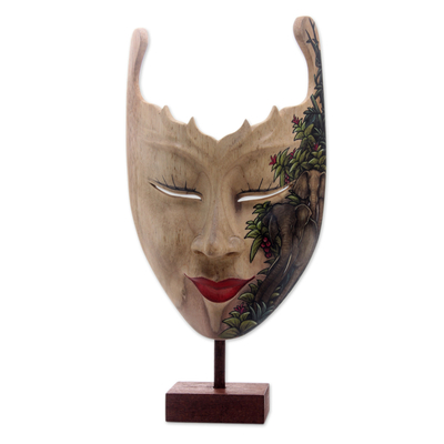 Hand Painted Modern Balinese Mask and Stand