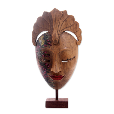 Artisan Carved Balinese Hand Painted Mask and Stand