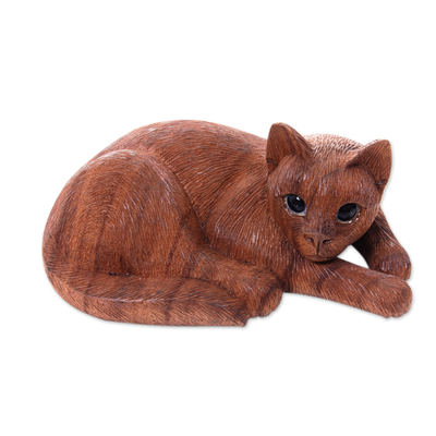 Hand Carved and Painted Cat Sculpture in Wood