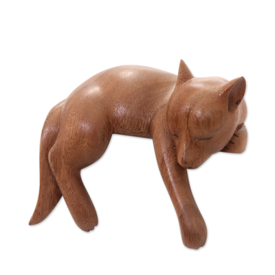 Artisan Carved Balinese Wood Sculpture of a Dog