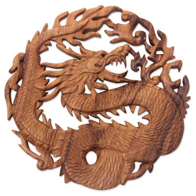Hand Carved Suar Wood Balinese Dragon Relief Panel