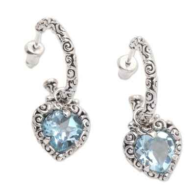 Blue Topaz Hearts in Sterling Silver Half Hoop Earrings
