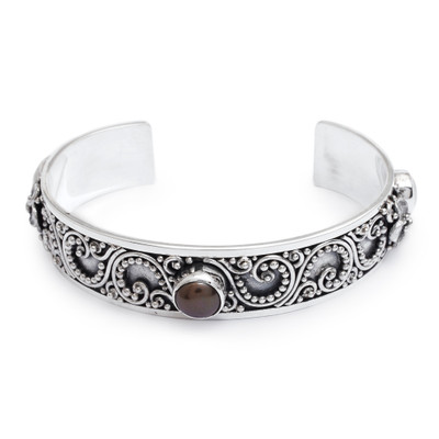 Sterling Silver Cuff Bracelet with White and Peacock Pearls