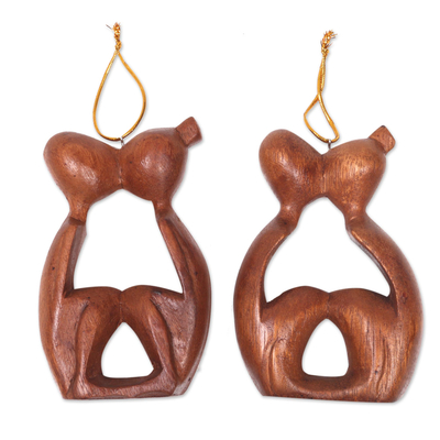 2 Ornaments of Couples Kissing Hand Carved Wood Statuettes