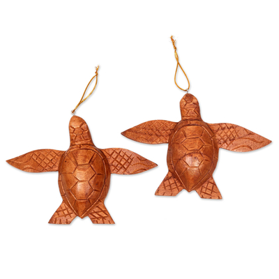 2 Turtle Wood Ornaments Artisan Crafted in Indonesia