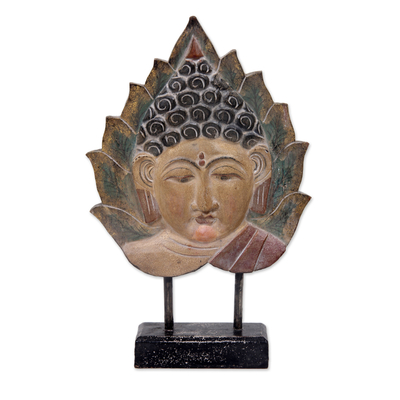 Hand Carved Buddha in Pipal Leaf Wood Sculpture with Stand