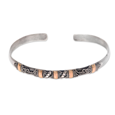 Gold Accent Balinese Handcrafted Silver Cuff Bracelet