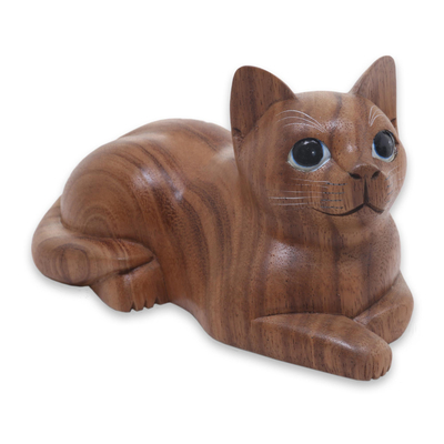 Hand Carved Wood Cat Sculpture from Balinese Artisan