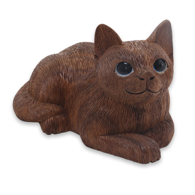 Charming Hand Carved Wood Sculpture of Long Haired Cat