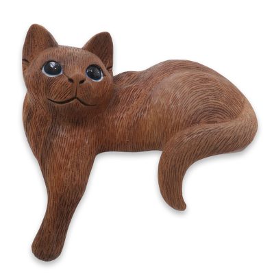 Wood Cat Sculpture Hand Carved in Indonesia
