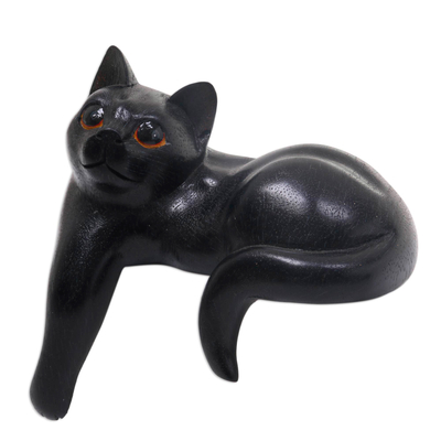 Hand Carved Wooden Cat Sculpture with Black Finish