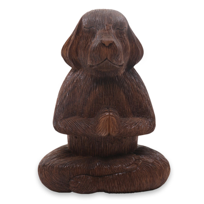 Wood Sculpture of Meditating Long Haired Puppy Dog