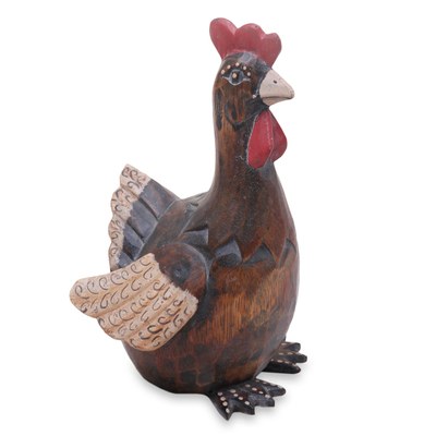 Artisan Hand Carved Brown Wood Chicken Sculpture
