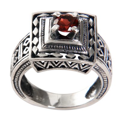 Artisan Crafted Engraved Sterling Silver and Garnet Ring