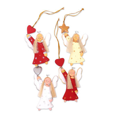 Artisan Crafted Set of 4 Wood Angel Ornaments from Bali
