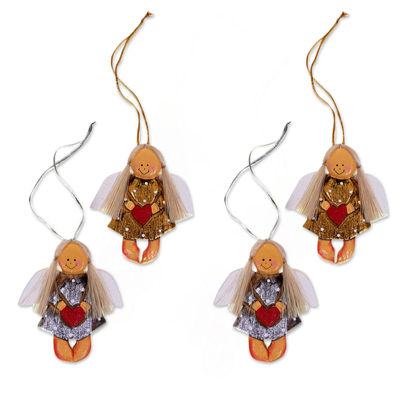 4 Artisan Crafted Angel with Hearts Holiday Ornaments Set