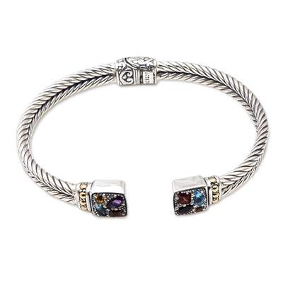 Hinged Woven Sterling Silver Multi Gemstone Ornate Cuff Bracelet