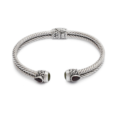 Handmade Sterling Silver Twist Hinged Garnet Amethyst Cuff Bracelet