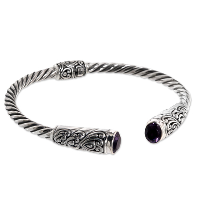 Sterling Silver Cuff Bracelet with Hearts and Amethysts