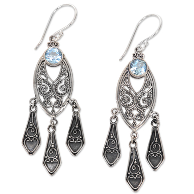 Balinese Sterling Silver Chandelier Earrings with Blue Topaz