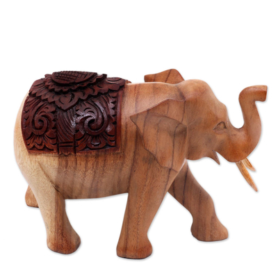 Hand Carved Wood Statuette of Elegant Elephant on Parade