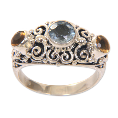 Balinese Citrine Sterling Silver and Blue Topaz Ring