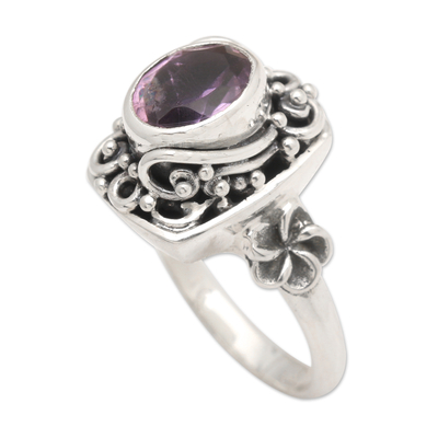 Sterling Silver Balinese Floral Cocktail Ring with Amethyst