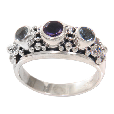 Amethyst and Blue Topaz Sterling Silver Floral Ring
