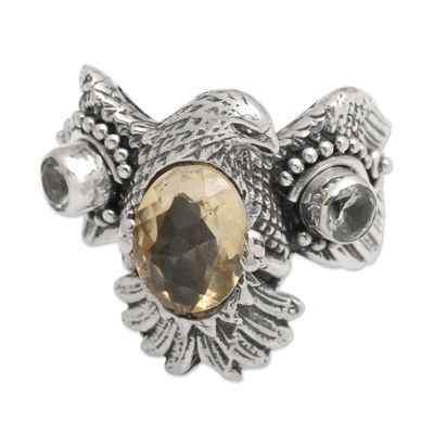 Sterling Silver Eagle Theme Ring with Citrine and Blue Topaz
