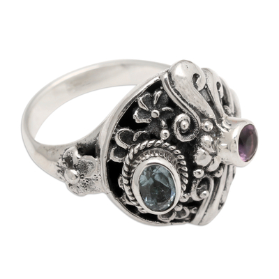 Amethyst & Blue Topaz Sterling Silver Dragonfly Floral Ring