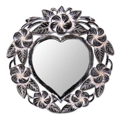 Suar Wood Hand Carved Heart Shaped Floral Wall Mirror