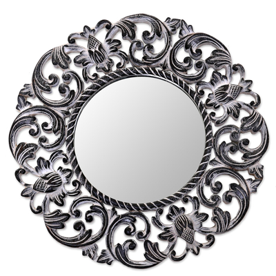 Hand Carved Black Floral 15-Inch Wall Mirror from Bali