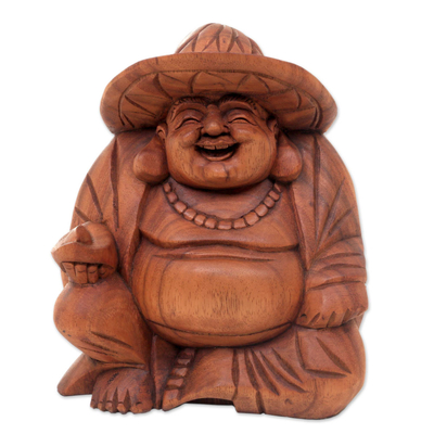 Tropical Balinese Laughing Buddha Wood Sculpture