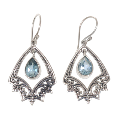 Balinese Silver Chandelier Hook Earrings with Blue Topaz