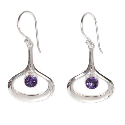 Modern Minimalist Silver Dangle Earrings with Amethyst