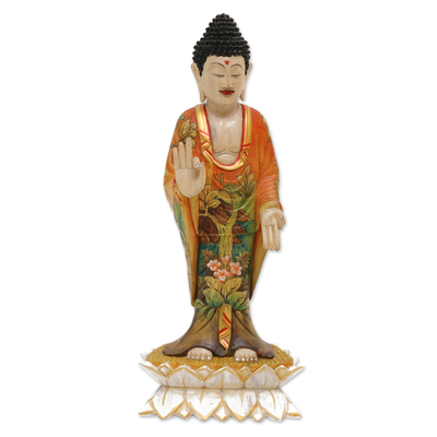 Balinese Hand Painted and Hand Carved Wood Buddha Statuette
