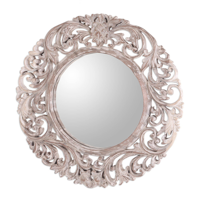 Engraved Floral Motif Whitewash Round Wood Mirror