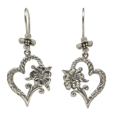 Indonesian 925 Sterling Silver Flower Heart Dangle Earrings