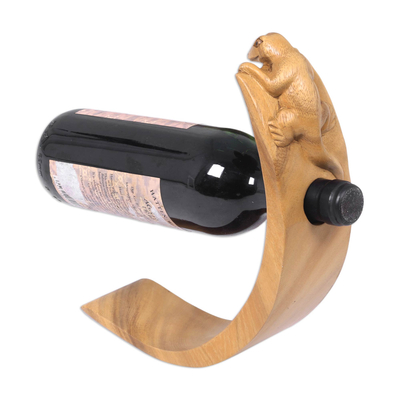 Lizard Theme Hand Carved Brown Wood Wine Bottle Holder