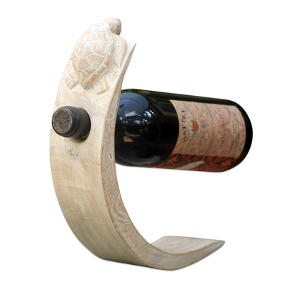 Wood Bottle Holder with White Finish and Turtle Motif