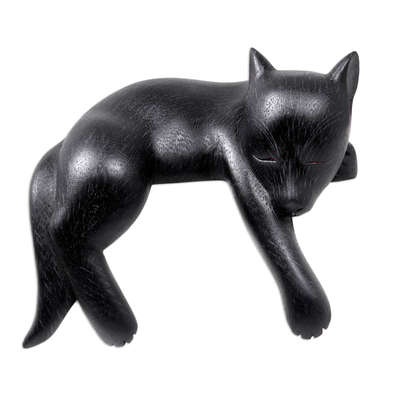 Black Wood Sleeping Dog Statuette from Suar Wood