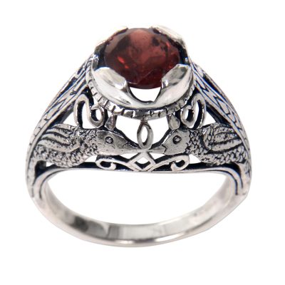 Handcrafted Balinese Bird Theme Silver and Garnet Ring
