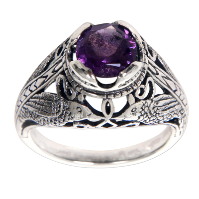Bird Theme Amethyst and Sterling Silver Balinese Ring