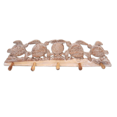 Whitewashed Wood Five Hook Coat Rack with Turtle Engraving
