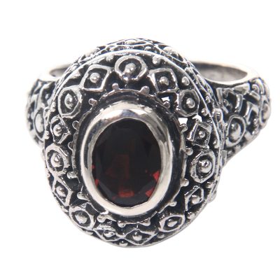 Ornate Balinese Garnet and Sterling Silver Ring